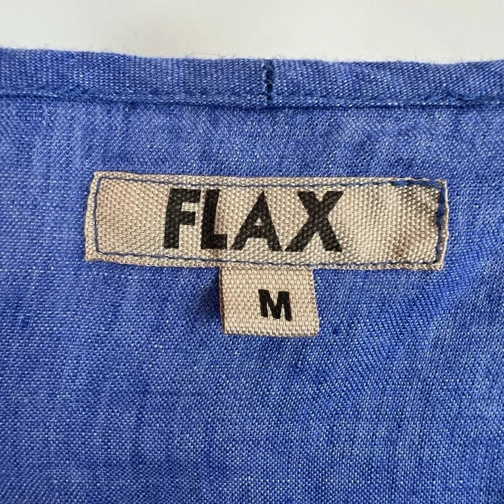 FLAX Blue Linen Shift Dress or Tunic Pullover Size Medium Pockets 3/4 Sleeves - Picture 3 of 8